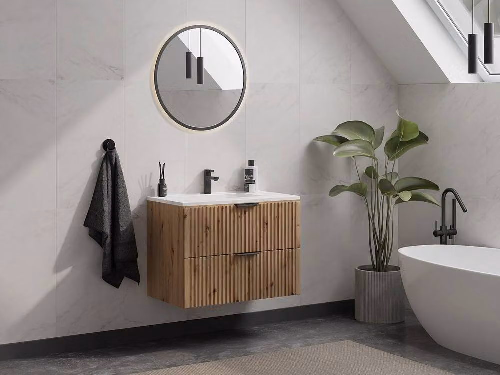 Vente-unique Ribbed Suspended Bathroom Unit with Built-in Washbasin in Light Natural Oak – 2