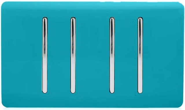 Trendi 4 Gang 2 Way Screwless Raised Front Quad Electrical Wall Light Switch in Bright Teal with Chrome Rockers