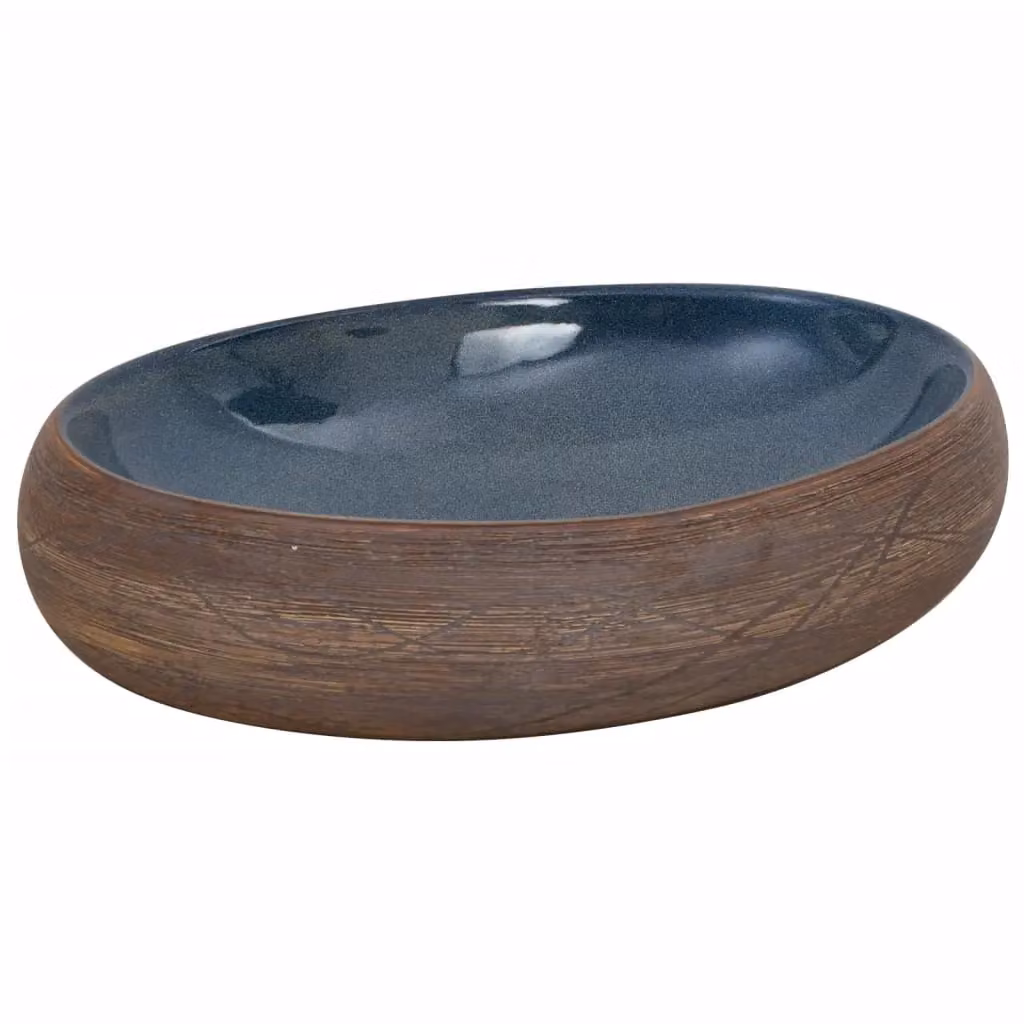 Berkfield Home Oval Ceramic Countertop Basin in Brown and Blue, W: 59 cm, D: 40 cm, H: 15 cm – 2