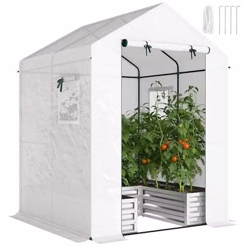 Outsunny Small White Greenhouse with Raised Garden Bed and Roller Door, W/D/H: 141 x 141 x 190 cm