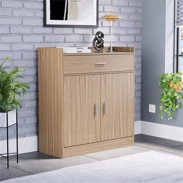 EONLION Modern Oak Wood Shoe Cabinet in Brown with 2 Doors and 1 Drawer, Width: 100 cm