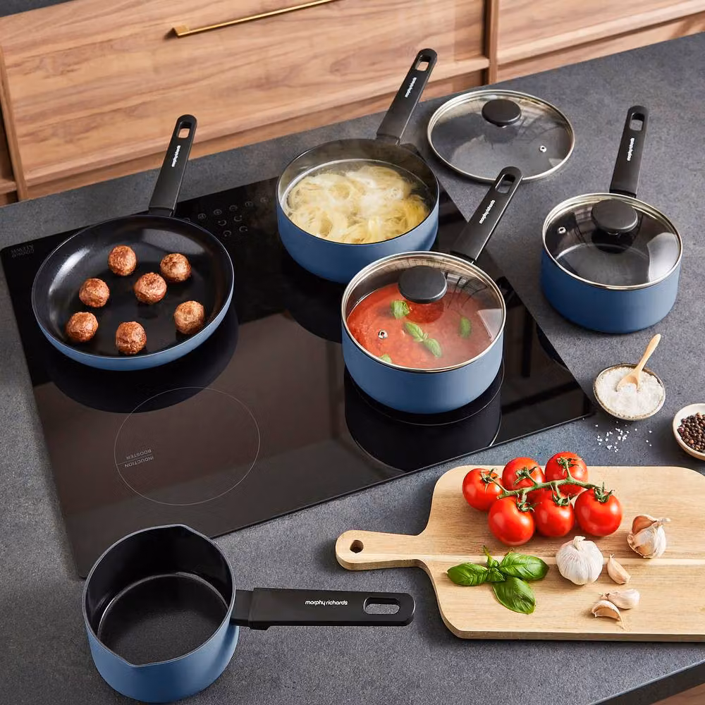 Morphy Richards 5 Piece Blue Aluminium Saucepan and Frying Pan Set with Ceramic Coating – 9
