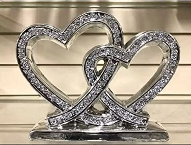 Biznest Crushed Diamond Double Heart Tabletop Ornament with Square Base in Silver