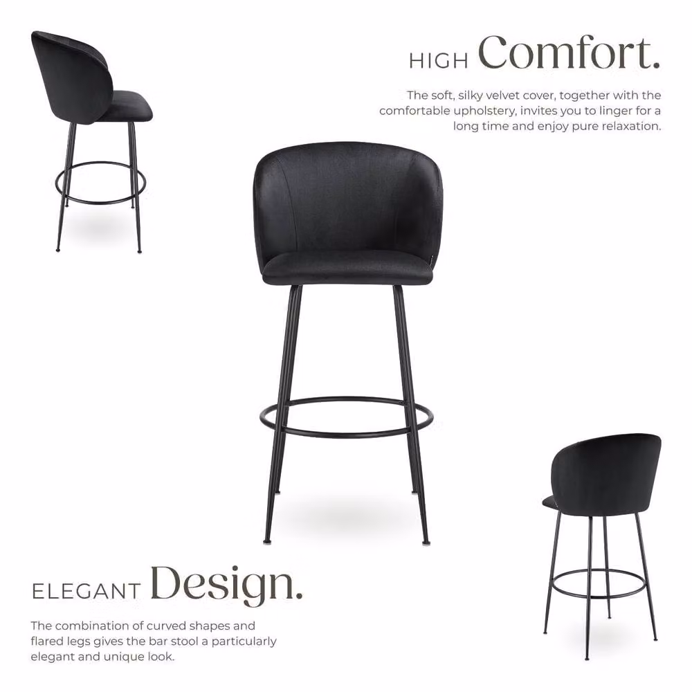 tectake Luana Bar Stool Set of 6 in Black Velvet and Metal – 3