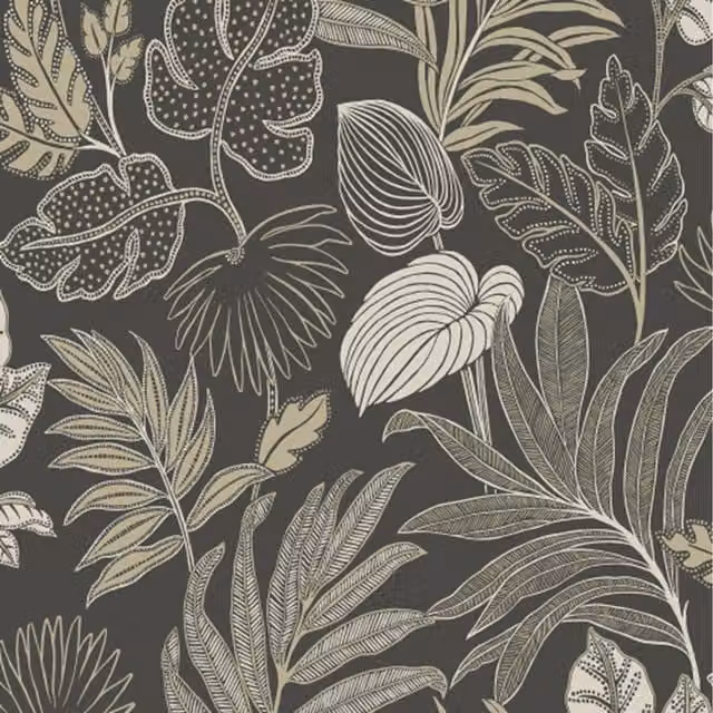 Grandeco Kew Jungle Tropical Palm Leaves Exotic Botanical Wallpaper in Black