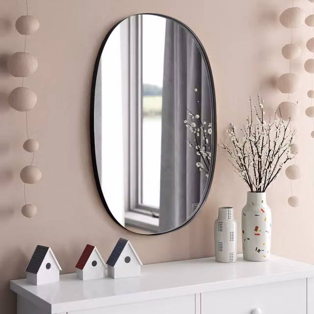 Livingandhome Oval Minimalist Wall Mirror with Black Iron Frame