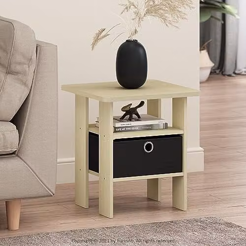 Furinno Andrey Side Table and Nightstand with Bin Drawer in Steam Beech and Black – 2