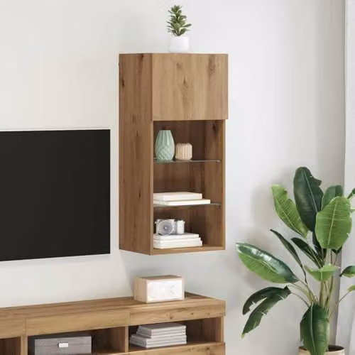 vidaXL Modern Wall-mounted TV Cabinet in Brown with Glass Doors and Integrated Lighting, W/D/H: 90 x 30 x 30 cm – 2