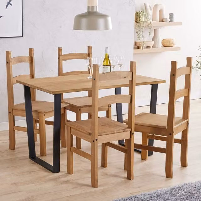 Core Products Ltd Texas Rectangular Dining Table and 4 Chairs Set in Brown and Black Waxed Pine and Metal