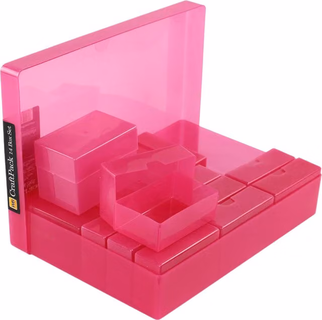 WestonBoxes Multi-Pack of 14 Pink Transparent Plastic Craft Boxes