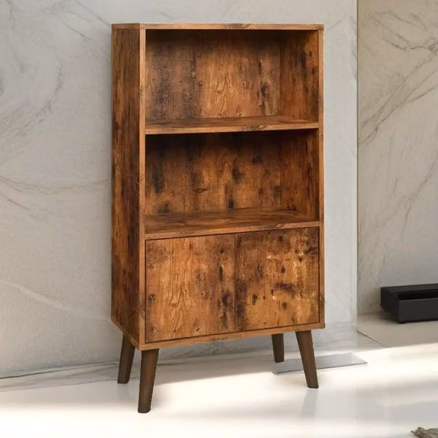 Modcraft Mid-Century 3-Tier Rubberwood Bookcase with Hinged Doors in Brown
