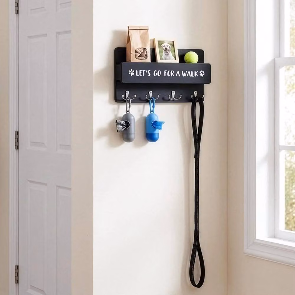 EONLION Black Wooden Wall Mounted Hook Rack with Shelf for Keys and Leashes, W: 52 cm, H: 29.97 cm, D: 8 cm – 3