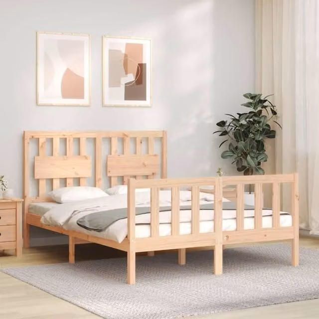 Berkfield Home Double Solid Wood Bed Frame with Headboard in Brown Pine
