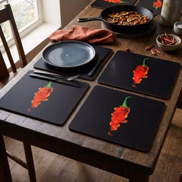 Orsina Set of Four Graphic Flaming Chilli Placemats in Black and Red with Cork Base – 2