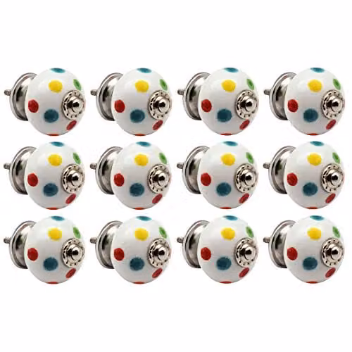 Nicola Spring Polka Dot Ceramic Cupboard and Drawer Knobs, Pack of 12, White and Multicolour – 2