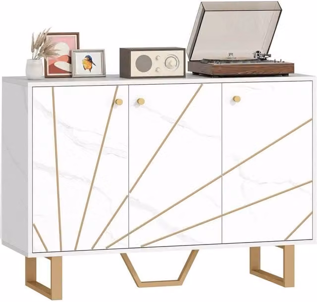 Kelvenix Modern White and Gold Sideboard Storage Cupboard with Metal Legs for your Living Room – 1