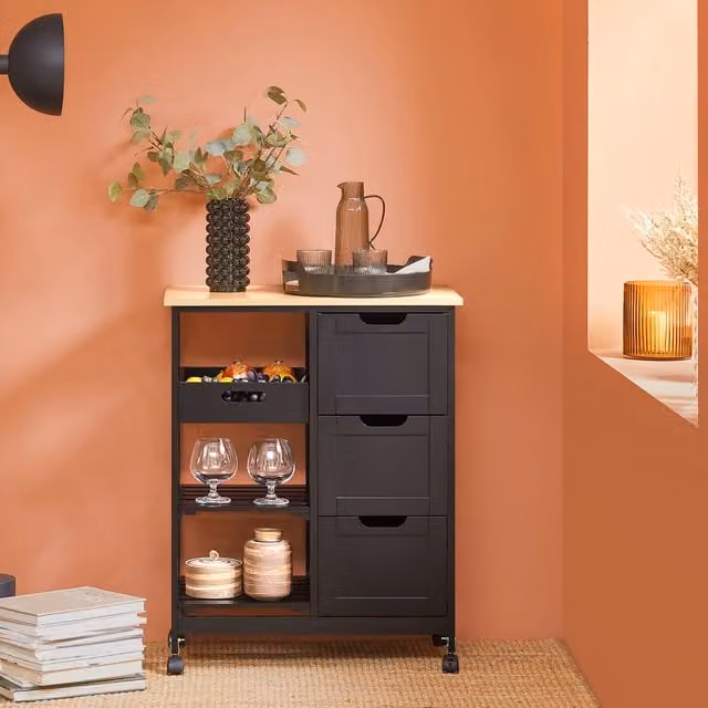 SoBuy Modern Kitchen Trolley with 3 Drawers and Removable Tray in Black