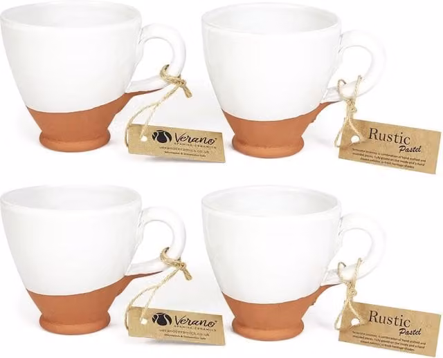 Verano Spanish Ceramics Rustic Pastel Half Dipped Terracotta White Ceramic Everyday Cup Set of 4, Height: 9.5 cm