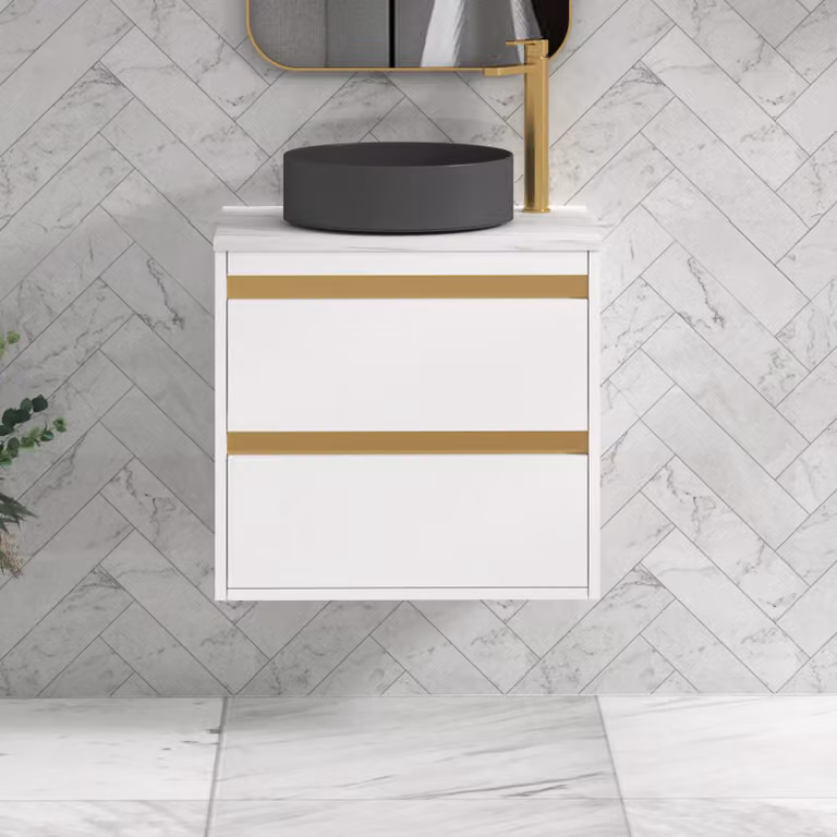 Royal Bathrooms Orion 800mm Matt White Wall Hung Vanity Unit with 2 Drawers, Art Round Basin and Brushed Brass Accent Trim