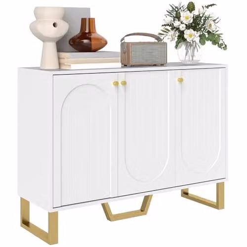 HOMCOM Modern White and Gold Sideboard with 3 Doors and Adjustable Shelves, W/D/H: 106.5 x 35.0 x 77.5 cm – 1