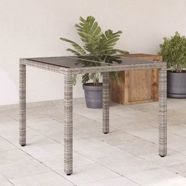 Berkfield Home Grey Poly Rattan Garden Table with Glass Top, W/D/H: 90 x 90 x 75 cm – 1