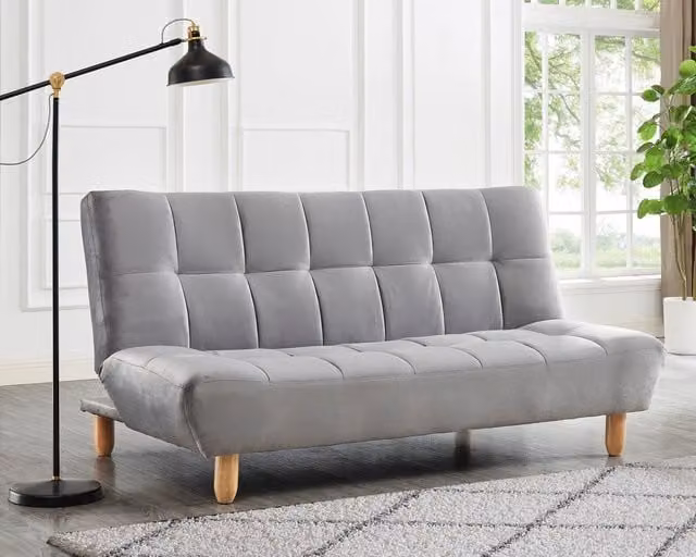 Home Detail Macy Velvet Click-Clack Sofa Bed with Tufted Detail and Wooden Legs in Light Grey, 140 x 190 cm