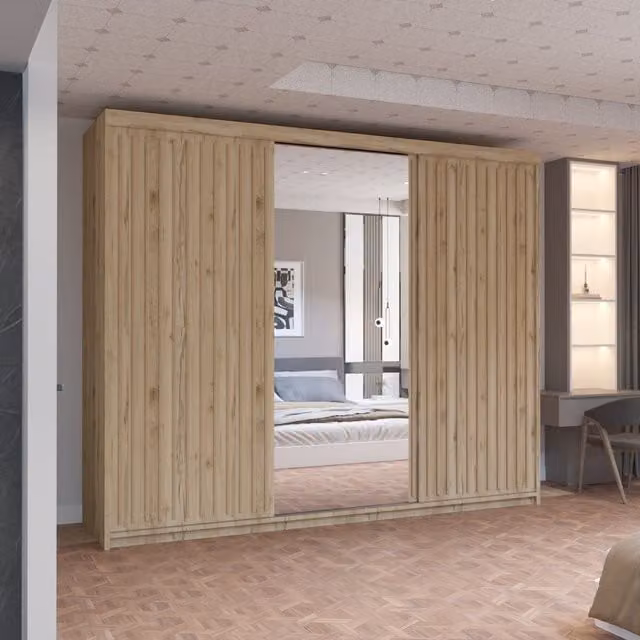 MN Furniture Reno 3 Sliding Door Wardrobe with Mirror and LED Light in Oak, W: 250 cm, H: 217 cm