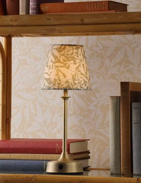 Joules Apsley Rechargeable LED Metal Floral Table Lamp in Antique Brass and Beige Fabric