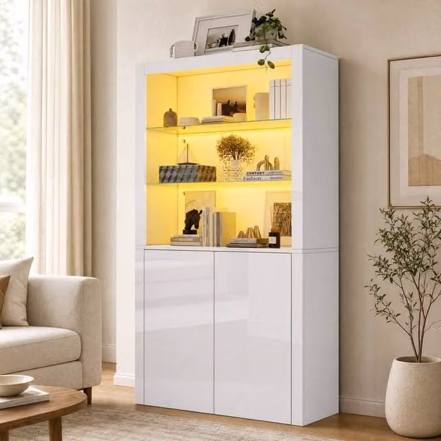STILVORA Modern White Glossy Display Cabinet with Glass Doors and Integrated LED Lighting, W/D/H: 100 x 35 x 170 cm