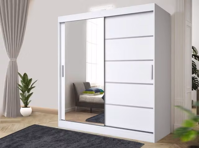 RAC3 Modern White Matt Sliding Door Wardrobe with LED Lighting, Mirror and Integrated Drawers, Width: 120 cm