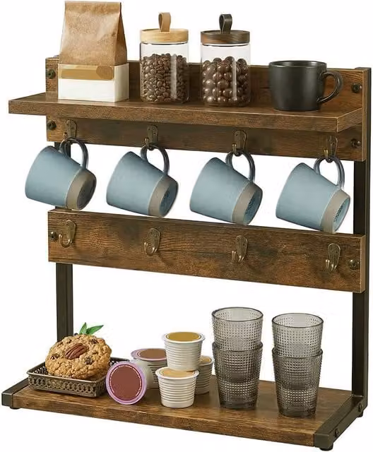 Levede Freestanding Mug Holder Stand with Shelf and 8 Hooks, Brown – 1