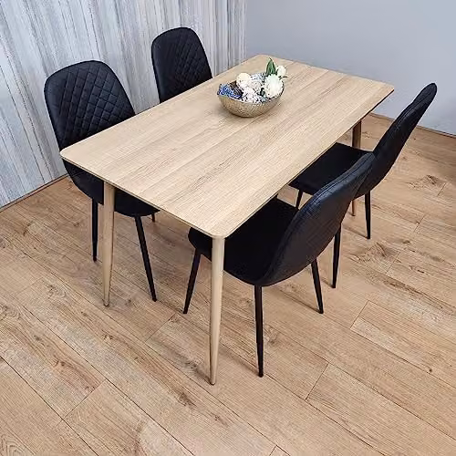 KOSY KOALA Modern Dining Table and 4 Black Faux Leather Chairs Set, Oak Effect, W/D/H: 120 x 70 x 75 cm – 1