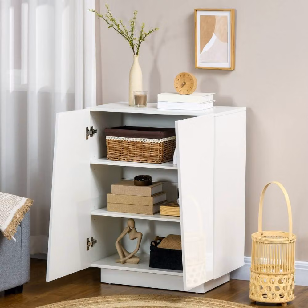STILVORA Modern White Glossy Freestanding Storage Cabinet with Hinged Doors and Internal Shelves – 3
