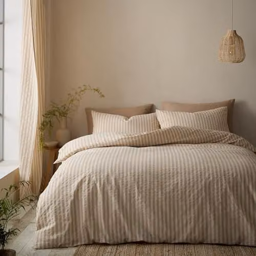 Pineapple Elephant Cotton Rich Woven Stripe Duvet Cover and Pillowcase Set, Beige, W/D/H: 180 x 200 cm, Pillowcases: 50 x 75 cm