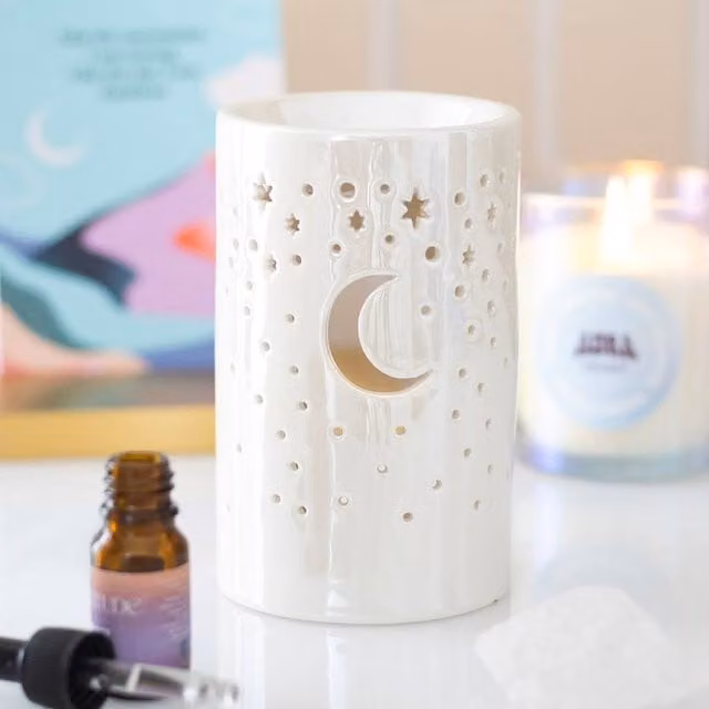 Uniqueful Iridescent White Moon Pillar Ceramic Oil Burner and Wax Warmer for Tealights