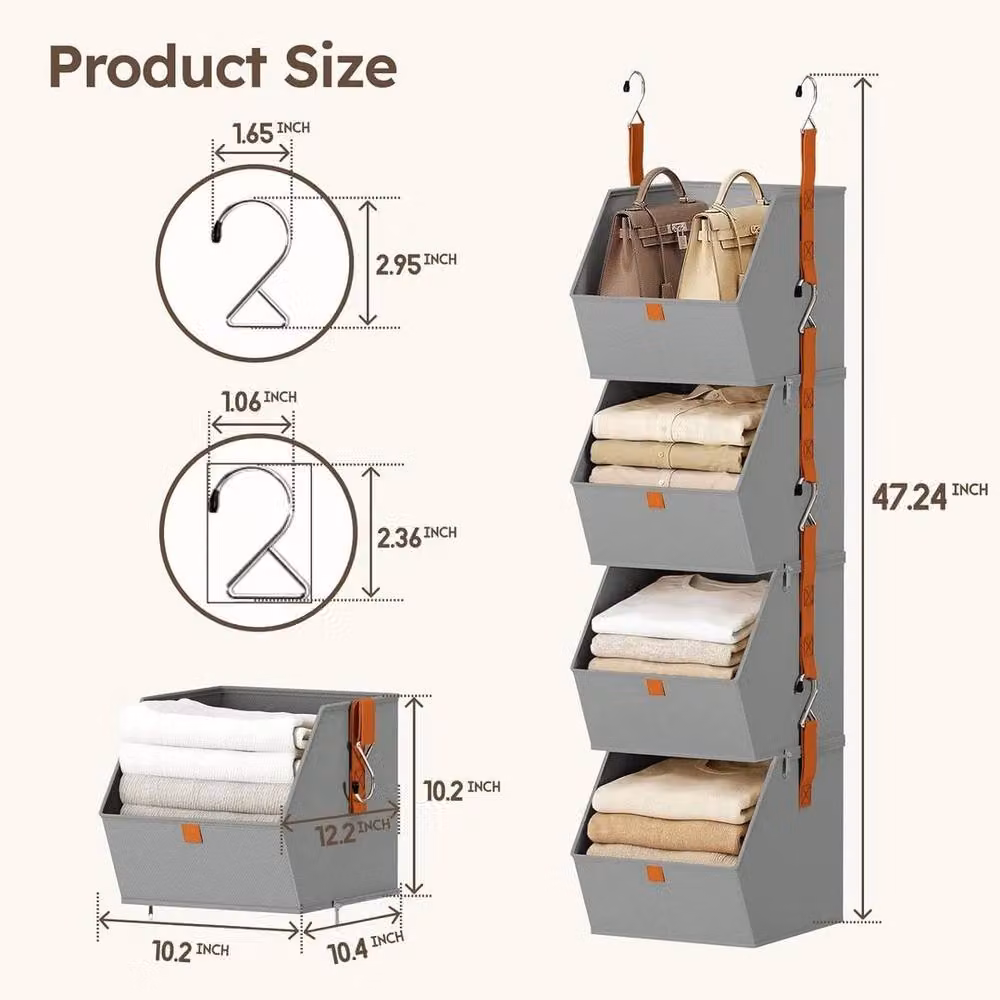 KORVIXA 4 Tier Hanging Wardrobe Organiser with Foldable Fabric Shelves in Grey, W: 90 cm – 2