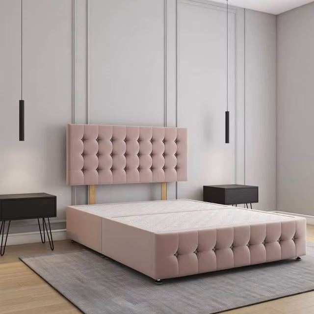 Regional Furnishings Super King Divan Bed Base with 24 inch Headboard and 12 inch Footboard in Pink Velvet Fabric, W/D/H: 200 x 200 cm