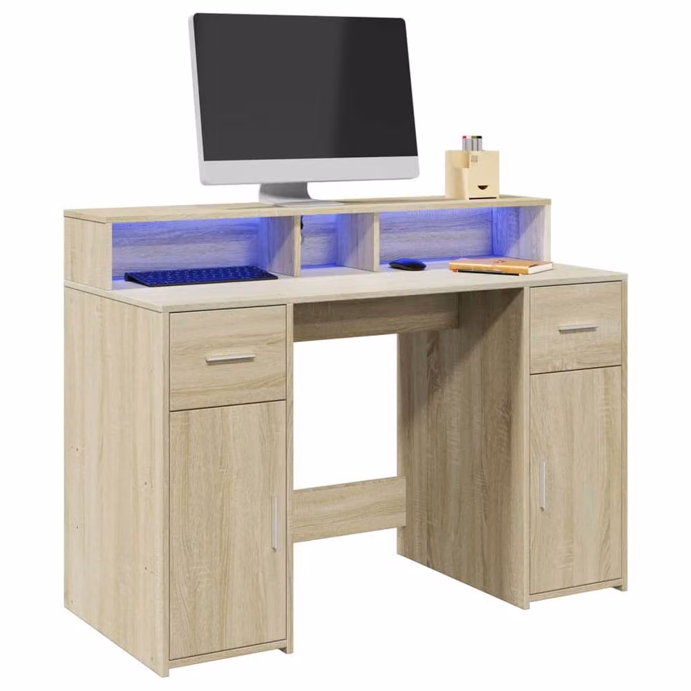 Berkfield Home Soft Gaming Desk with LED Lights in Sonoma Oak and Light Brown, W/D/H: 120 x 55 x 91 cm – 1