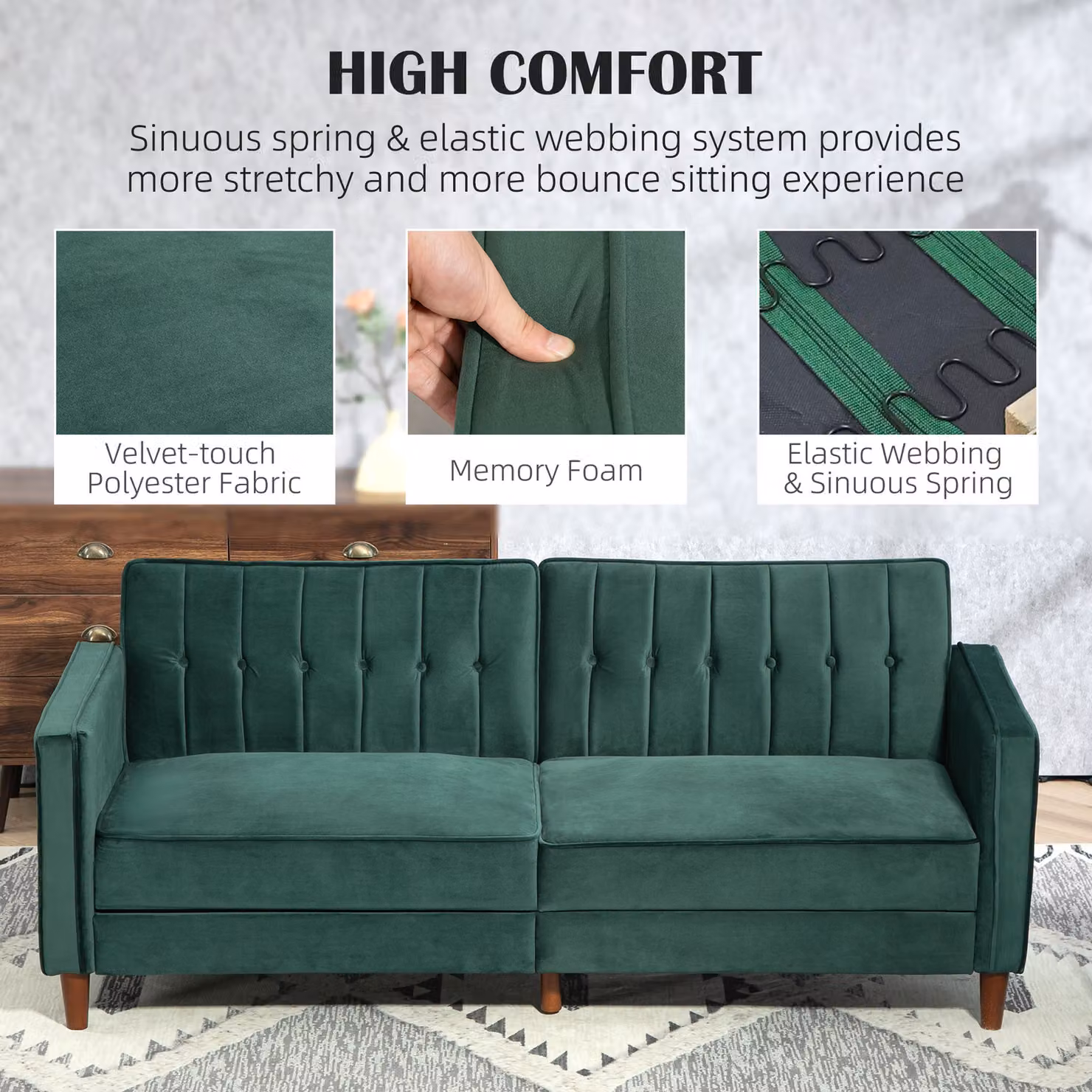HOMCOM Three-Seater Velvet Upholstered Sofa Bed in Green – 4
