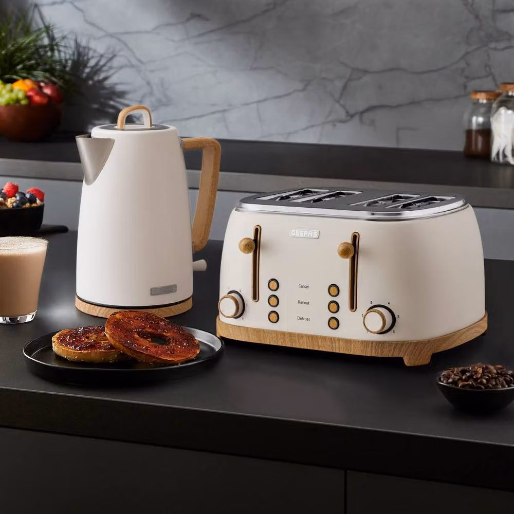 Geepas NordiQ Collection Kettle and 4 Slice Toaster Set with Wood Accents in Beige and White – 2
