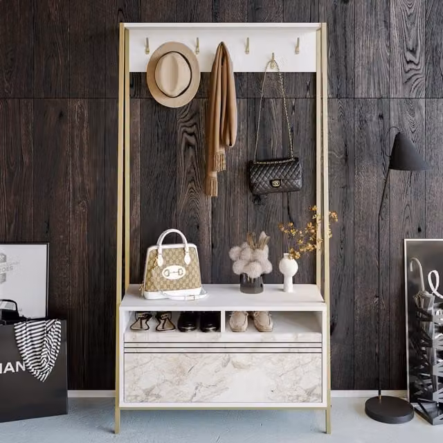 Decorotika Devin Modern Abstract Coat Rack in White and White Marble Effect, Height: 180 cm