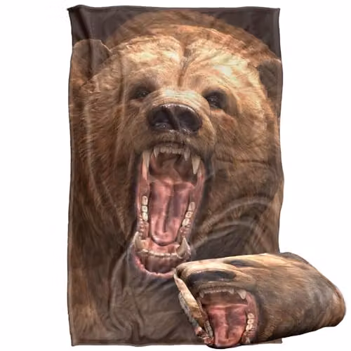 JQ Licensing Royce Mcclure Grizzly Bear Head Super Soft Silky Touch Fleece Throw Blanket, Multicolour, W/D/H: 91 x 147 cm
