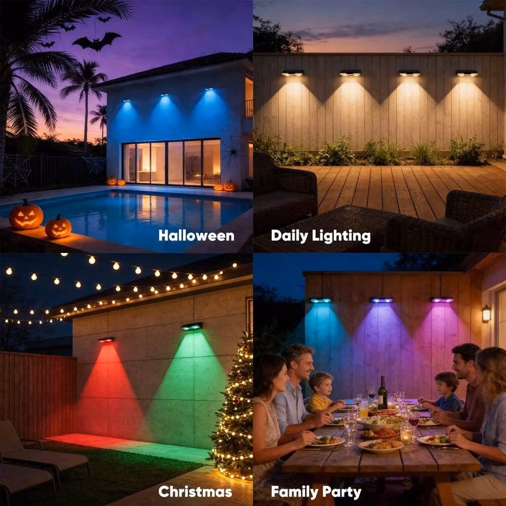 FLAVORA 8-Piece RGB LED Solar Powered Black Garden Wall and Fence Lights – 4