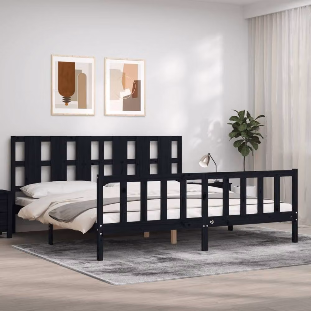 Berkfield Home Solid Pine Bed Frame with Headboard in Black, 200 x 200 cm – 2