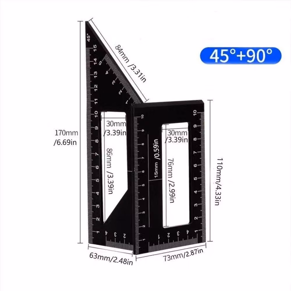 FLAVORA Black Aluminum Alloy 45/90 Degree Angle Square Woodworking Ruler, W: 1000 cm, H: 52 cm – 4