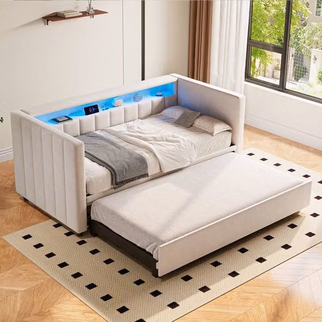 Direct Wicker Multifunctional Pull-out Single Sofa Bed with USB-C Port and LED Lighting in Beige – 1