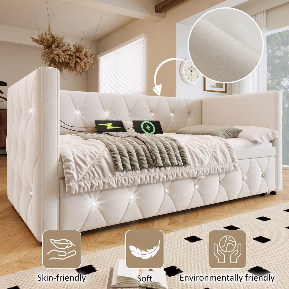 ModernLuxe Single Upholstered Velvet Daybed with Pull Out Trundle and Lift Up Base in Beige, W/D/H: 190 x 90 x 76 cm – 3