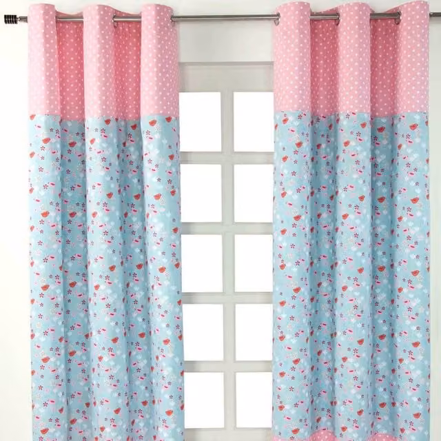 Homescapes Blue Floral Birds and Flowers Opaque Eyelet Curtain Pair, Height: 228 cm, Width: 137 cm
