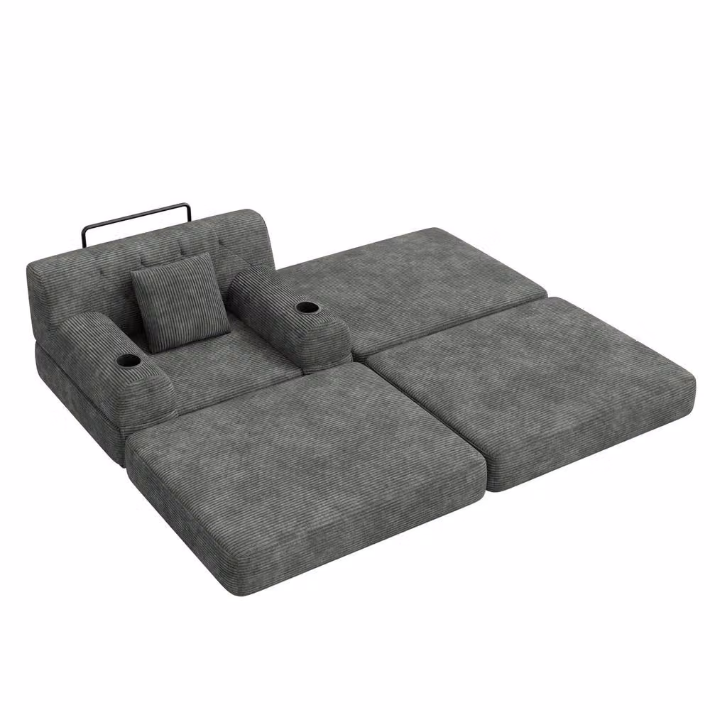 STILVORA Modern Grey Fabric Sofa Bed with Metal Frame and Cup Holders – 4
