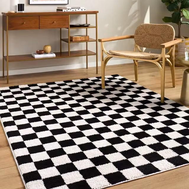 Livabliss Fossay Checked Shag Rug in Black, W: 200 cm, D: 275 cm